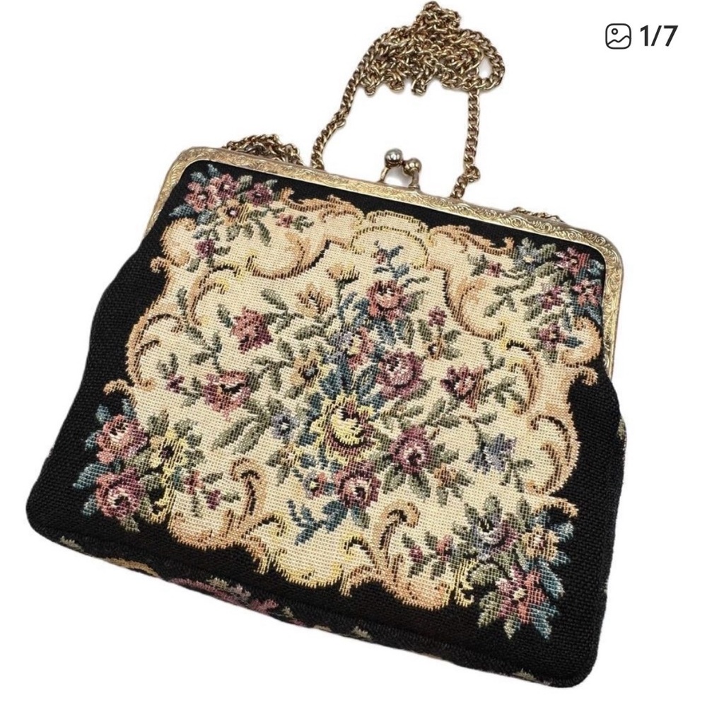 Vintage Petit Point Frame Purse Floral Midcentury Shoulder Strap West Germany